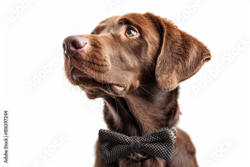 A Chesapeake Bay Retriever wearing a bow tie and looking regal, isolated on a white background
