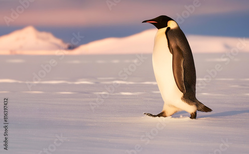 Emperor penguin  walking alone in the snow across the vast white Antarctic.