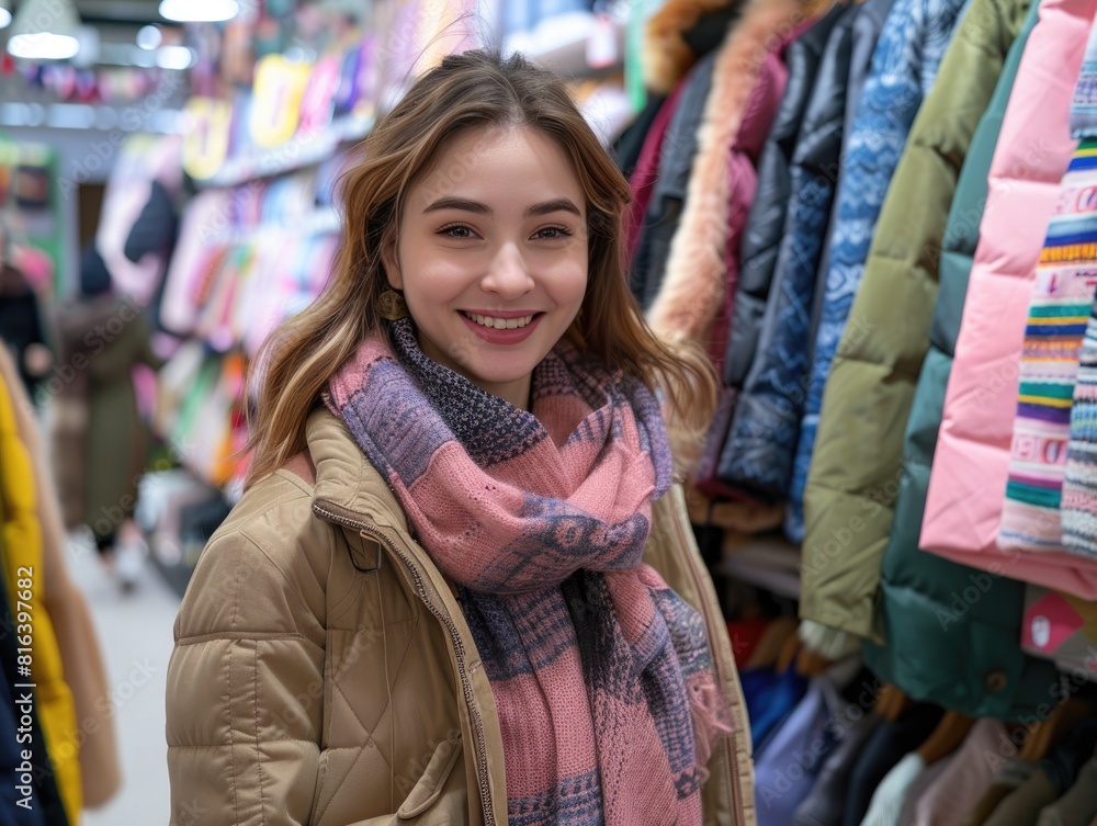 Young women choose winter clothing in clothing stores Young women choose winter clothing in clothing stores