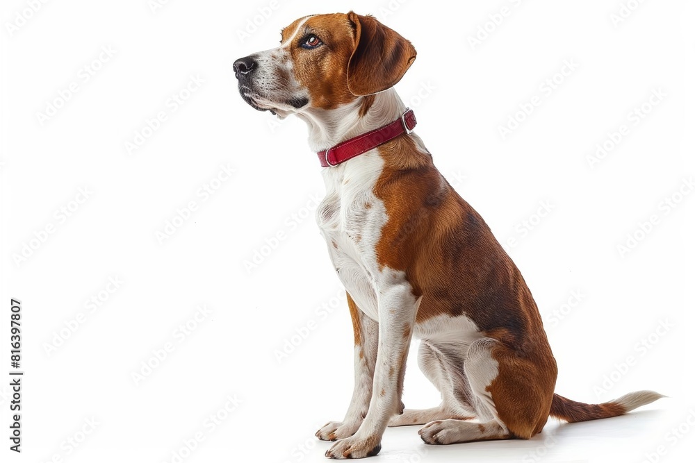 An American Foxhound sitting proudly with a red ribbon around its neck, isolated on a white background
