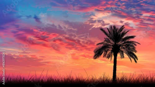 Date palm tree silhouetted against a colorful sunset sky in a tropical setting