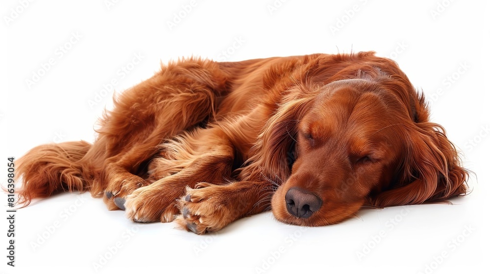 An Irish Setter curled up, appearing as if in a serene sleep, isolated on a white background An Irish Setter curled up, appearing as if in a serene sleep, isolated on a white background