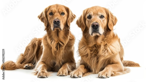 Two Golden Retrievers sitting side by side, one looking at the camera, the other looking away, isolated on a white background