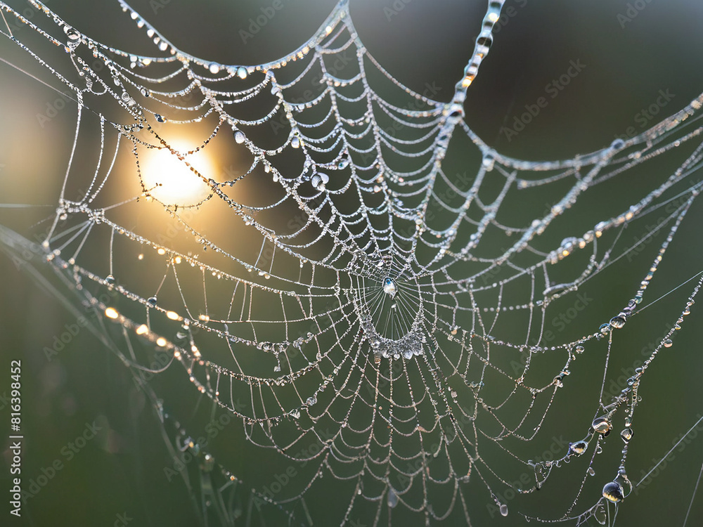 Macro of dewdrops on a spiderweb, with morning sunlight creating rainbows - generated by ai