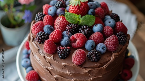 Chocolate Cake with Cocoa and Raspberry Filling Topped with Fresh Berries