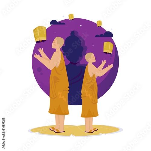 Monks release lanterns, Celebrating Vesak day, Vector illustration