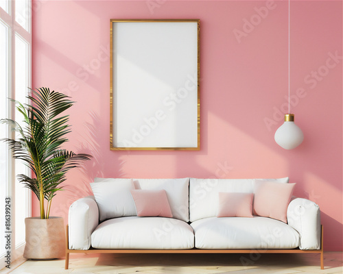 Mock Up Poster Frame on the pink wall in minimalist interior living room with couch  luxury interior  3d interior illustration. Morning light