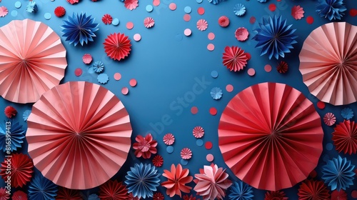 confetti and paper fans in red  white and blue colors on the wall  festive background for an American holiday  a beautiful backdrop with an intricate pattern of round shapes.