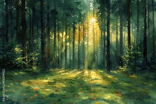 The photo shows the sunlight shining through the tall trees in the forest.