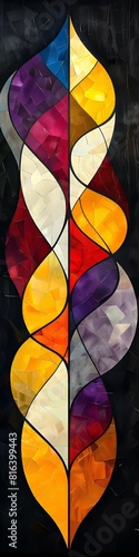 Bold geometric abstract illustration with mainly gold  purple  red  white and black colors in strong lines and shapes.