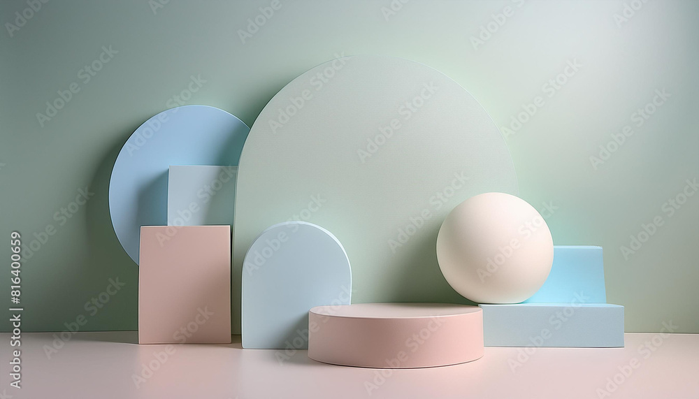Abstract podium with geometric minimal background for product presentation, 3d render, illustration, pastel colors, smooth shapes Abstract podium with geometric minimal background for product presentation, 3d render, illustration, pastel colors, smooth shapes
