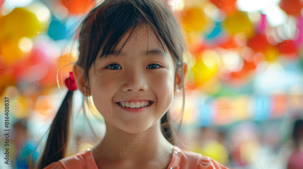 Joyful young Asian girl with a bright smile at a vibrant outdoor festival with colorful balloons. Joyful young Asian girl with a bright smile at a vibrant outdoor festival with colorful balloons.