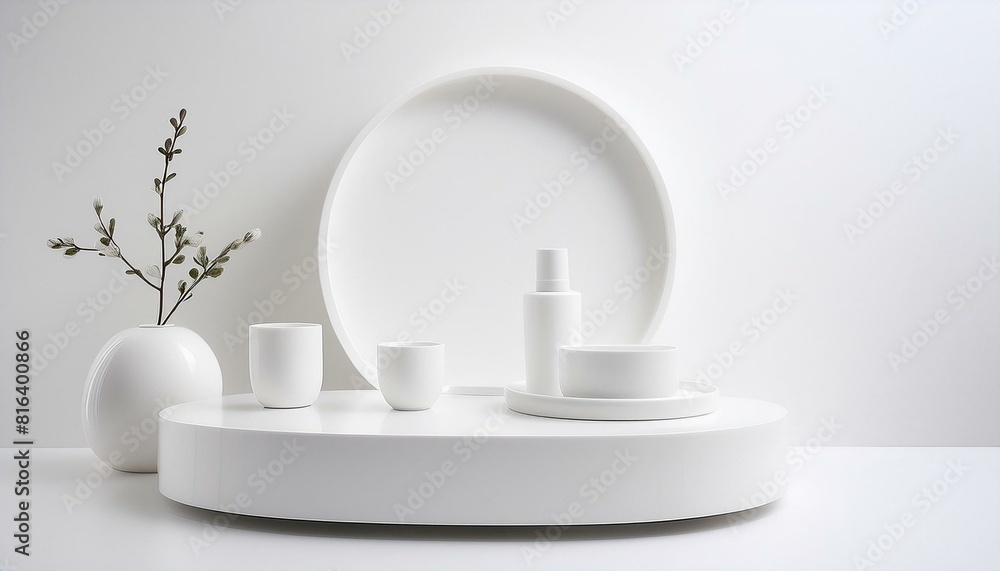 Round Product Podium on a White Background, Tree Shadow, 3D Mockup Background Round Product Podium on a White Background, Tree Shadow, 3D Mockup Background