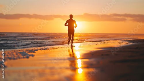 Back view silhouette of a runner man running on the beach at sunset with sun in the background   Generative AI