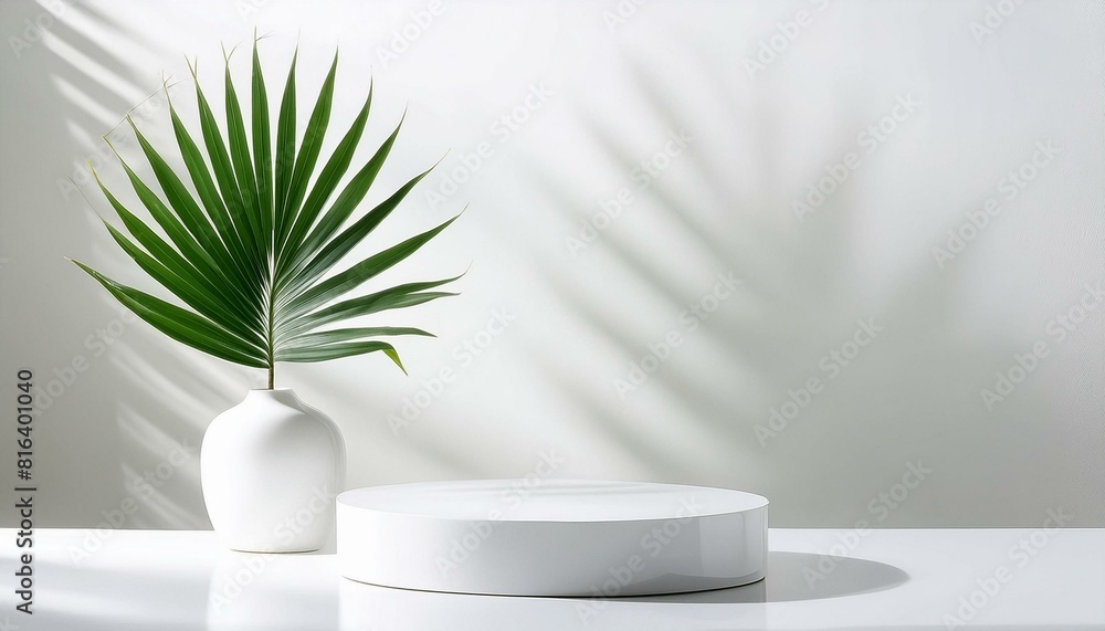 Round Product Podium on a White Background, Tree Shadow, 3D Mockup Background Round Product Podium on a White Background, Tree Shadow, 3D Mockup Background