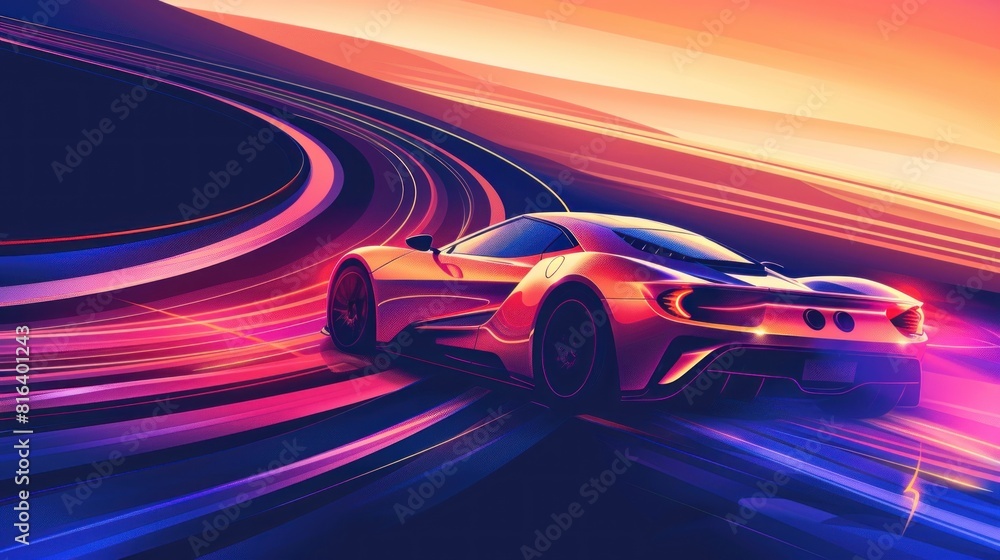 A car is driving on a track with a bright orange background. A car is driving on a track with a bright orange background.