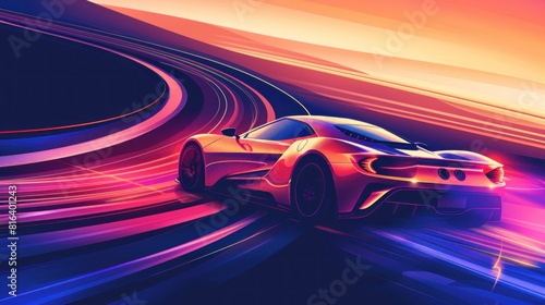 A car is driving on a track with a bright orange background.