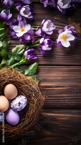 Easter background with colored eggs in a bird's nest on a wooden table