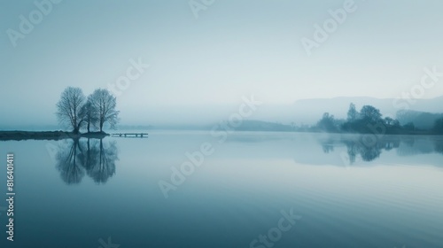 A calm lake with a foggy sky in the background.