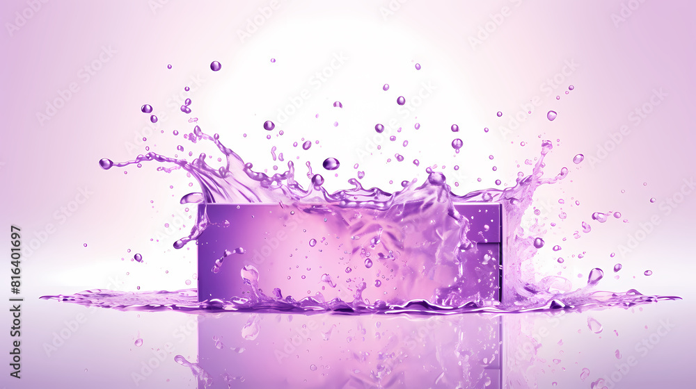 Purple box with water splashing on it, product display Purple box with water splashing on it, product display