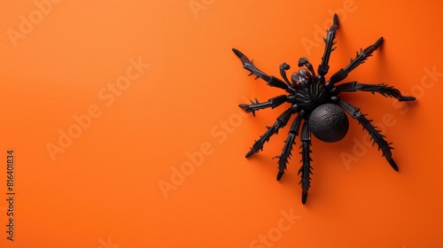 Concept of celebrating Halloween and the Day of the Dead with a black toy spider on orange background viewed from above with empty space for text
