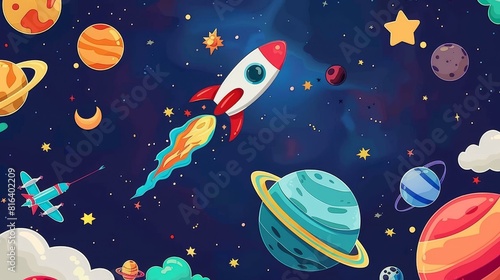 Fototapeta Naklejka Na Ścianę i Meble -  Vibrant kids background featuring rockets, planets, and stars, Ai Generated
