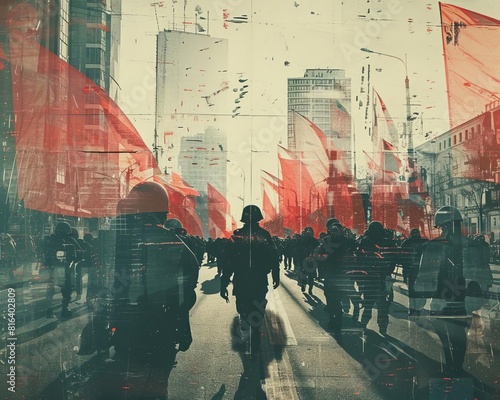 A double exposure of a protest against war and a military parade, showcasing the conflicting views on armed conflict photo