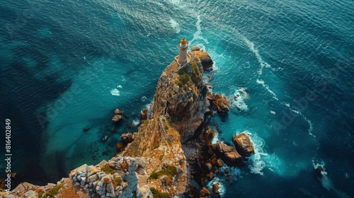 Dramatic top view of a solitary lighthouse on rocky coastline  endless ocean backdrop  ideal for peaceful escape themes --ar 16 9 --stylize 250 Job ID  11976cea-a5dd-4fc9-b19b-cfa83f049336