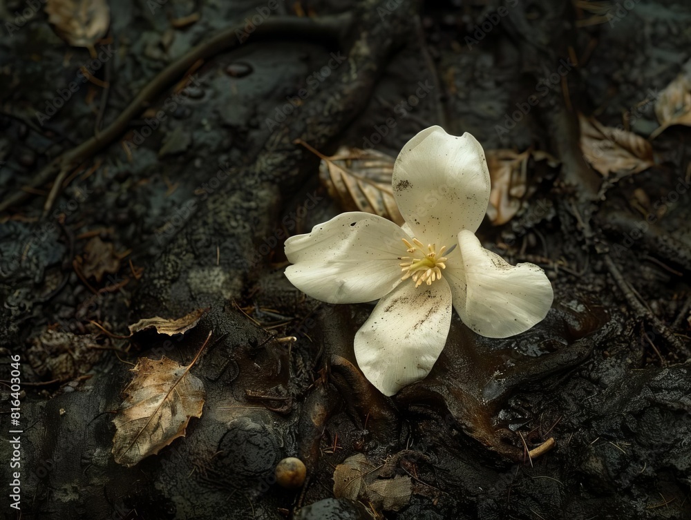 A fallen flower decomposing on the forest floor, returning nutrients to the soil and completing the cycle of life A fallen flower decomposing on the forest floor, returning nutrients to the soil and completing the cycle of life