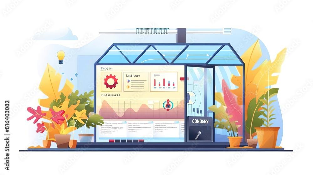A digital illustration of a greenhouse with a control panel. A digital illustration of a greenhouse with a control panel.