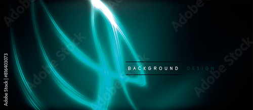 An electric blue light shines through the darkness, creating a neon pattern on the water with a visual effect lighting that resembles gas. The font and graphics form an artful display