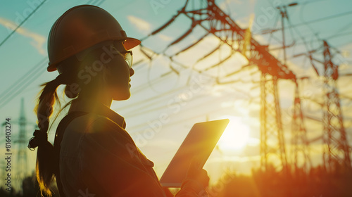 Electrician in outdoors Electric lines of high voltage at sunset Woman engineer power engineer in helmet checks power line using computer tablet online Distribution and supply of elect : Generative AI