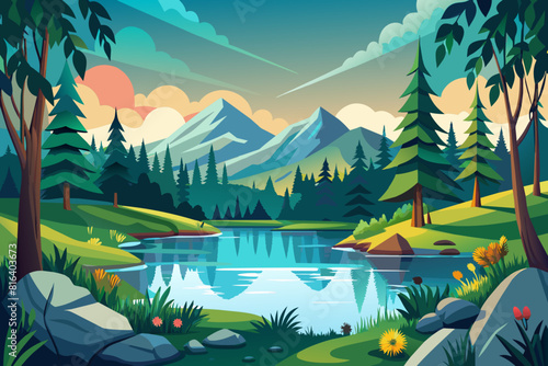 Lake in the Forest landscape vector illustration 