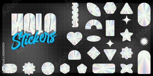 Holographic and colors sticker set. Shine metal shapes. Vector iridescent foil adhesive film, holographic labels mockup realistic holo textures.