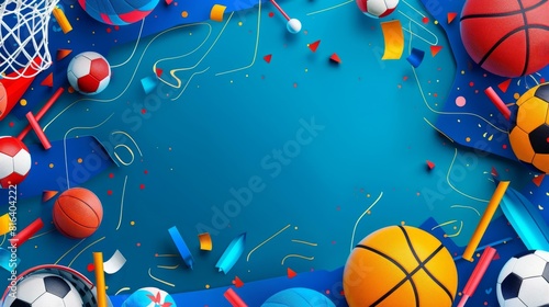 Fototapeta Naklejka Na Ścianę i Meble -  Illustrative kids background with playful sports theme, featuring basketballs and soccer balls, Ai Generated