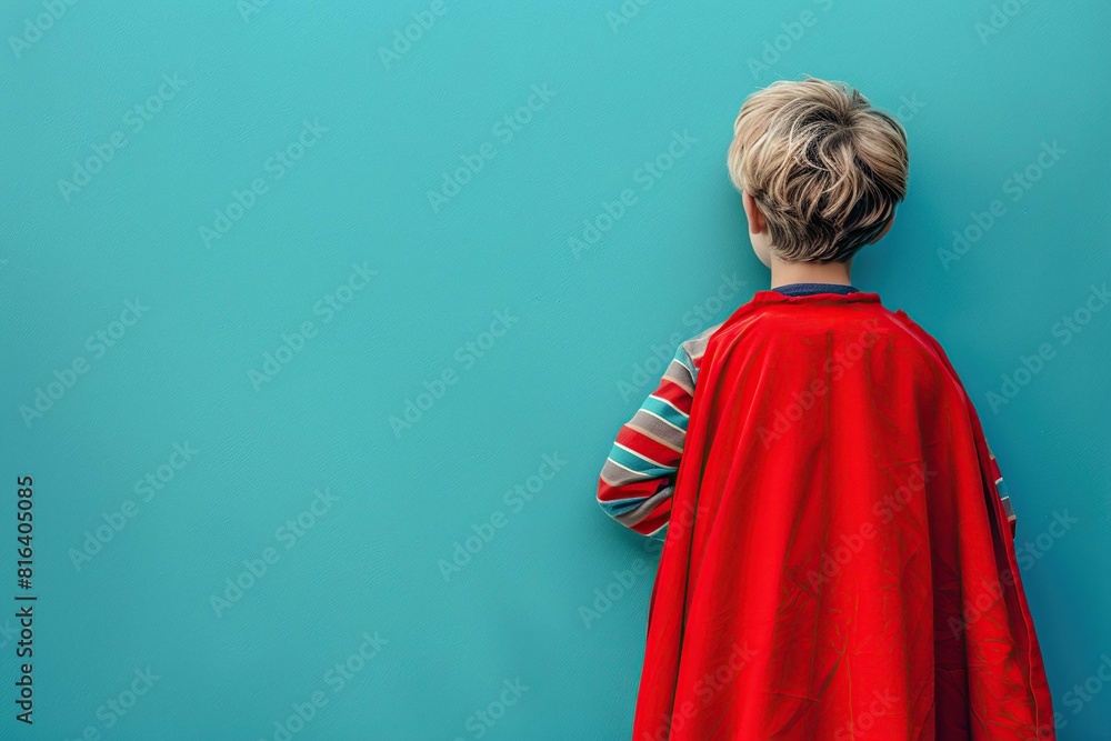 Boy with a super hero cape, on blue background