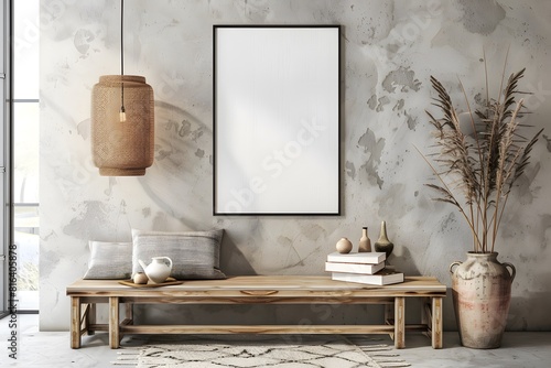 Big vertical empty mock up poster black frame on white stucco wall above wooden bench with books and vases. Scandinavian interior design of modern living room with rattan pendant lamp.