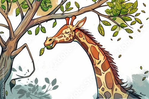 Cartoon cute doodles of a clumsy giraffe trying to reach for leaves on a high tree branch and stumbling over its long legs, Generative AI photo
