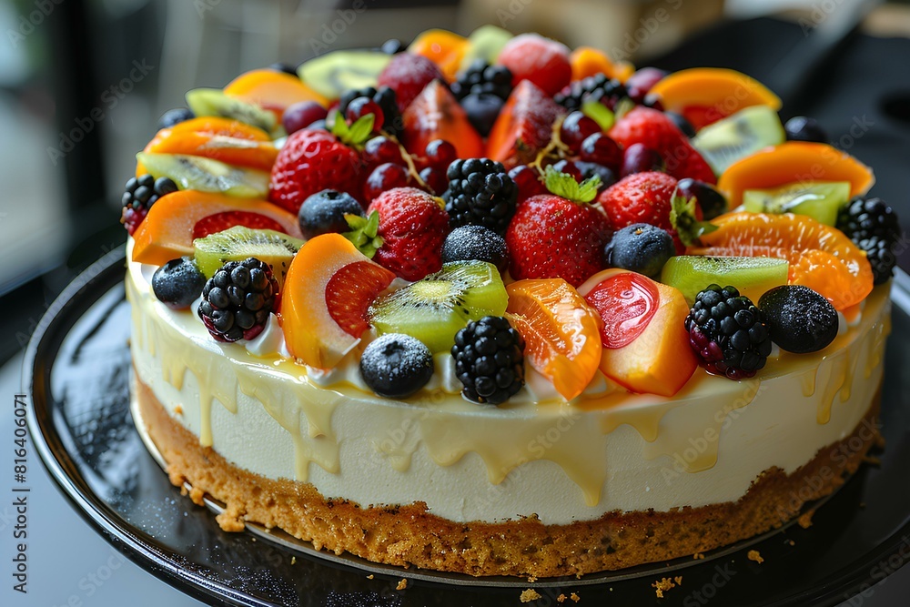 A close up of a cake with fruit on it A close up of a cake with fruit on it