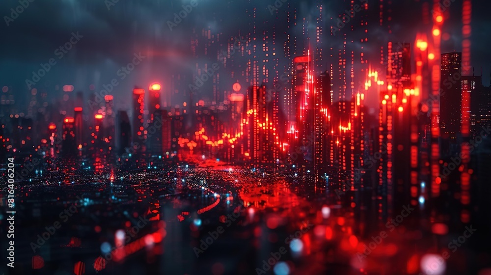 A digital city made of red and black particles