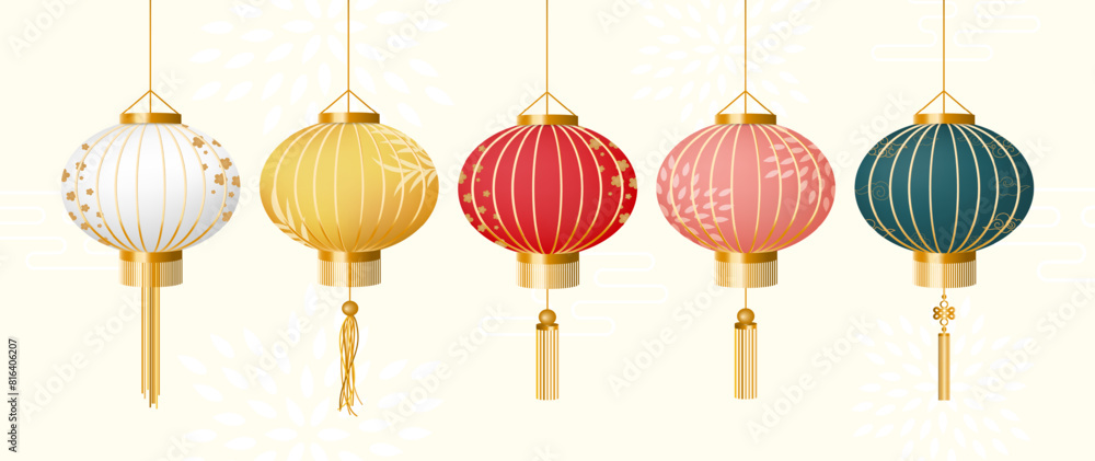 Set of Chinese lanterns white, yellow, red, pink and green colors vector in different patterns. Chinese lamp vector elements for decoration. Set of Chinese lanterns white, yellow, red, pink and green colors vector in different patterns. Chinese lamp vector elements for decoration.