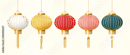 Set of Chinese lanterns white, yellow, red, pink and green colors vector in different patterns. Chinese lamp vector elements for decoration.