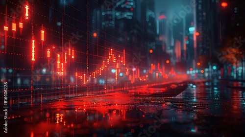 A dark and rainy street is lit up by the red glow of a stock market crash © K-MookPan