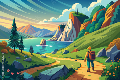 Coastal hiking landscape vector illustration