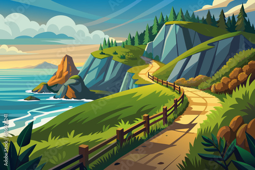 Coastal hiking landscape vector illustration
