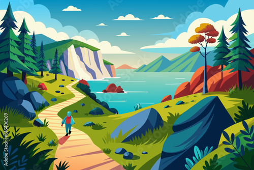 Coastal hiking landscape vector illustration