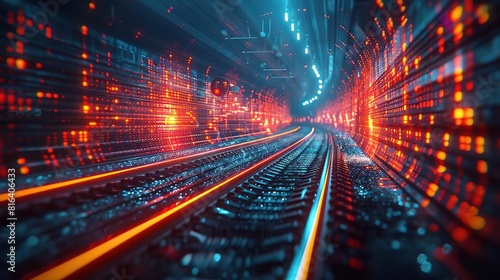 A digital train speeds through a tunnel of binary code