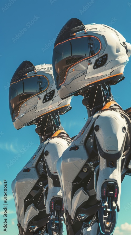 Futuristic robotics: conceptual twin androids gazing skyward Futuristic robotics: conceptual twin androids gazing skyward