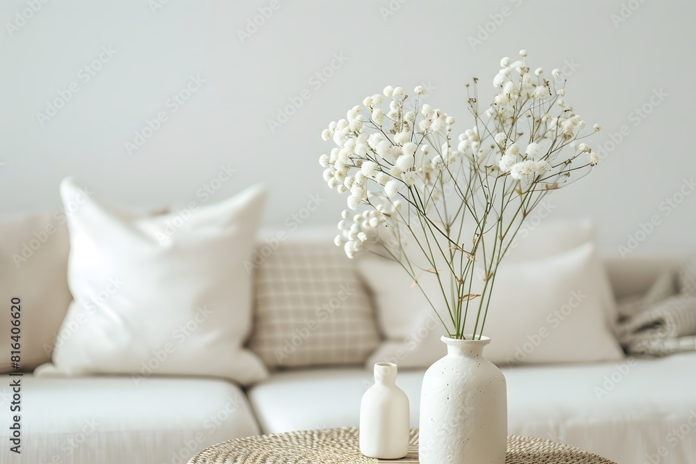 Round coffee table near white sofa against blank wall with copy space. Minimalist cozy home interior design of modern living room. Round coffee table near white sofa against blank wall with copy space. Minimalist cozy home interior design of modern living room.