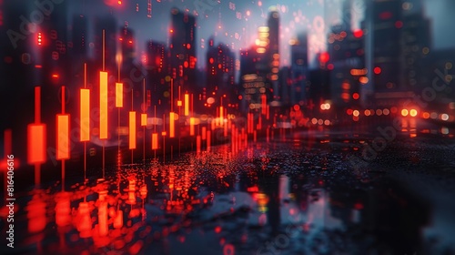 A red glowing cityscape with skyscrapers and a reflection of a stock market chart on the wet pavement. The image represents a financial crisis.